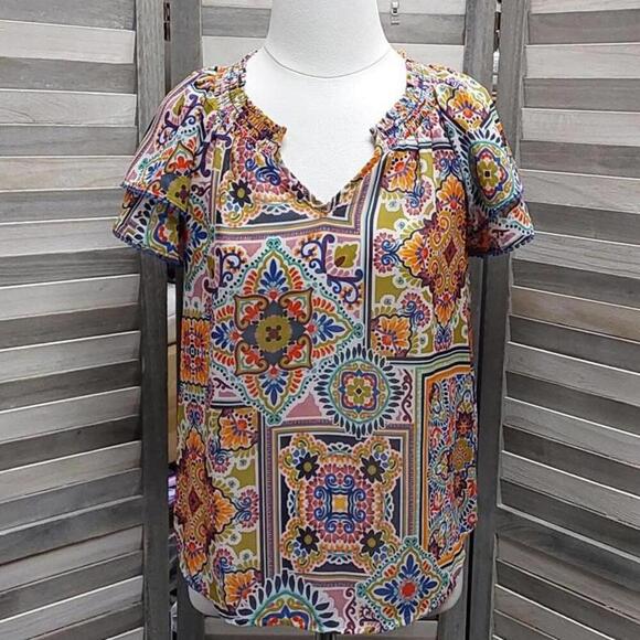 Womens Multi Color Smock Neck Woven Blouse | Democracy | Extra Small - Picture 1 of 13